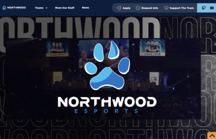 Northwood Esports logo with a blue paw print on a website banner. Multiple screens in the background display gaming content.